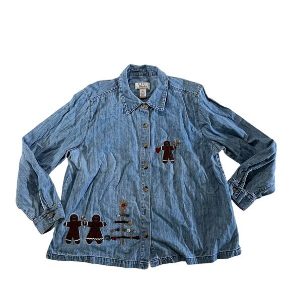 Vtg Y2K 2000s Plus Size Christmas Holiday Denim Shirt Wmns 1X Granny Cottagecore - Picture 1 of 12